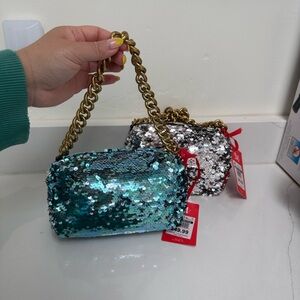 Sequin Chain Shoulder Bag - Blue and Silver
